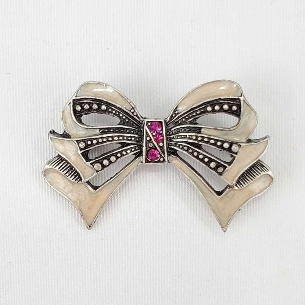 Vtg Brooch Pin Ribbon Bow Pewter Shell Inlay Enameled Pink Stone 1.5”x1” 80s 90s